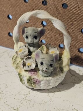 Ceramic Cream Basket Figurine with Pastel Floral Accents